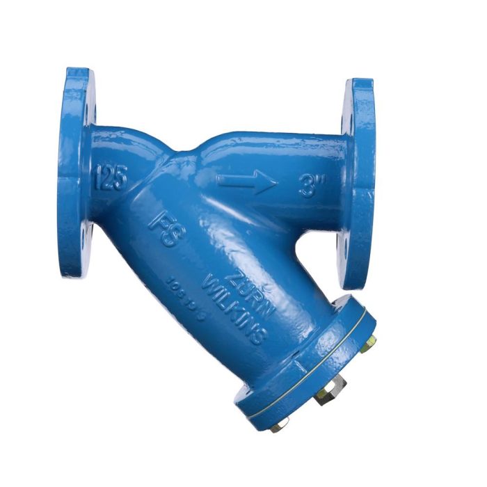 WILKINS 3" FSC FLANGED CAST IRON WYE STRAINER FDA EPOXY COATED 2" FIP OUTLET