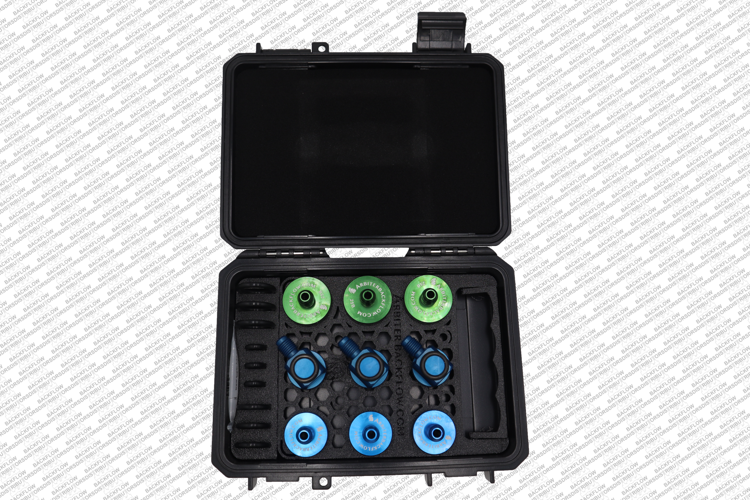 MA QTSWSAH - SET OF 9 QUICK CONNECT TEST FITTINGS IN ANODIZED ALUMINUM - 3 OF EACH SIZE (1/4"swivel, 1/2", 3/4") WITH CASE, HOLDER AND SPARE O-RINGS